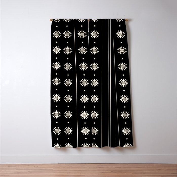Minimalist Daisy Stripes Geometric Flowers and Stripe Pattern in Black and Almond Cream Window Curtain Gallery Image 3