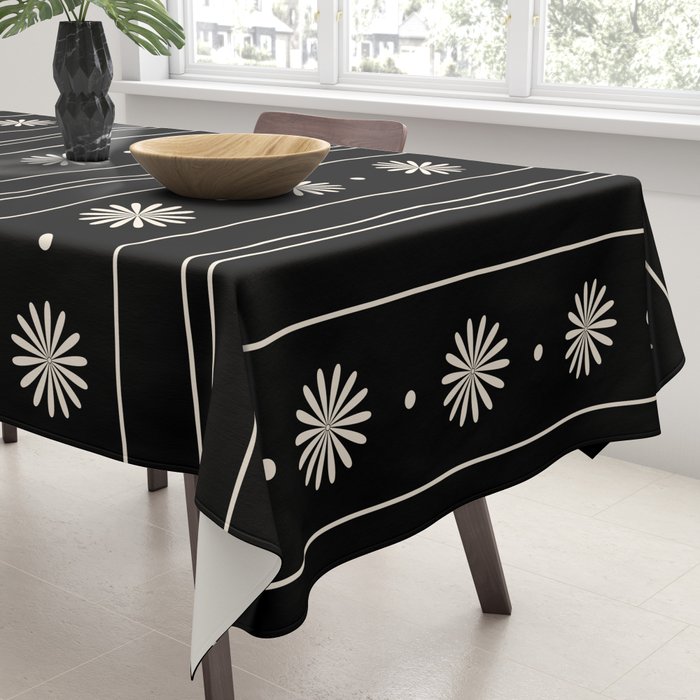 Minimalist Daisy Stripes Geometric Flowers and Stripe Pattern in Black and Almond Cream Tablecloth Gallery Image 3
