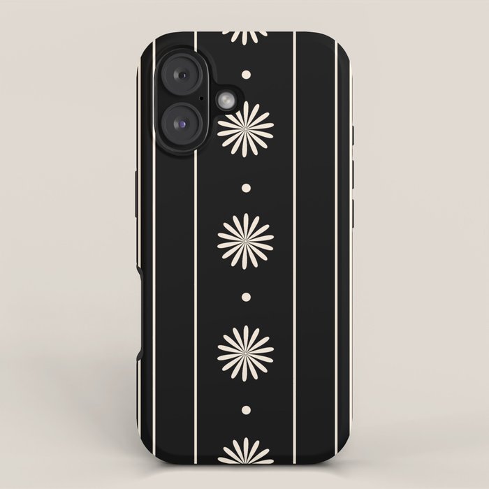 Minimalist Daisy Stripes Geometric Flowers and Stripe Pattern in Black and Almond Cream iPhone Case Gallery Image 1