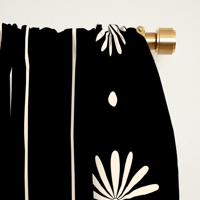 Minimalist Daisy Stripes Geometric Flowers and Stripe Pattern in Black and Almond Cream Window Curtain Gallery Image 2