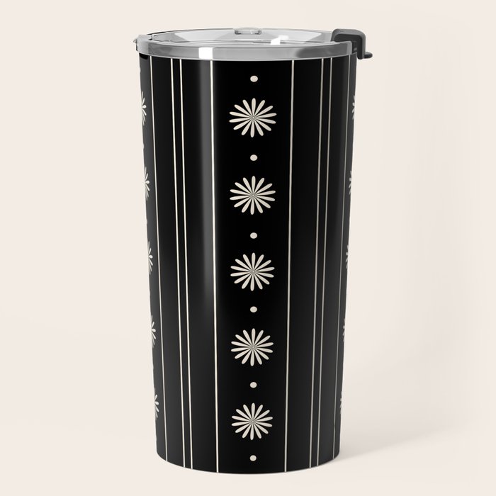 Minimalist Daisy Stripes Geometric Flowers and Stripe Pattern in Black and Almond Cream Travel Mug Gallery Image 2