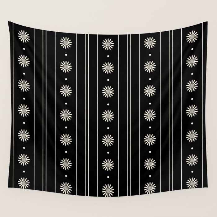 Minimalist Daisy Stripes Geometric Flowers and Stripe Pattern in Black and Almond Cream Wall Tapestry Gallery Image 1