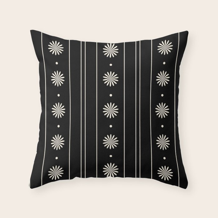 Minimalist Daisy Stripes Geometric Flowers and Stripe Pattern in Black and Almond Cream Throw Pillow Gallery Image 6