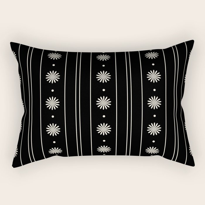 Minimalist Daisy Stripes Geometric Flowers and Stripe Pattern in Black and Almond Cream Rectangular Pillow Gallery Image 1