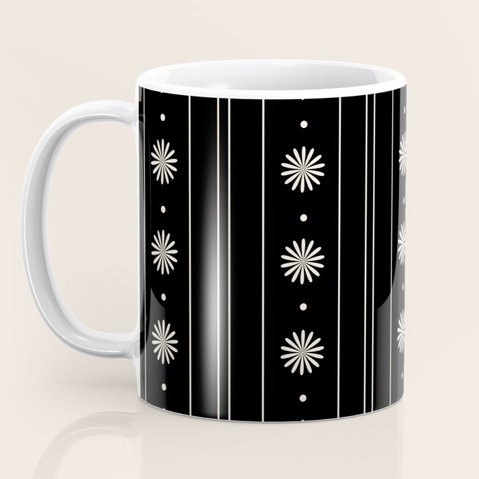 Minimalist Daisy Stripes Geometric Flowers and Stripe Pattern in Black and Almond Cream Coffee Mug Gallery Image 3