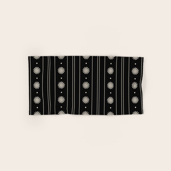 Minimalist Daisy Stripes Geometric Flowers and Stripe Pattern in Black and Almond Cream Bath Towel Gallery Image 1