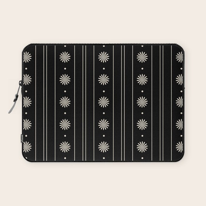 Minimalist Daisy Stripes Geometric Flowers and Stripe Pattern in Black and Almond Cream Laptop Sleeve Gallery Image 1