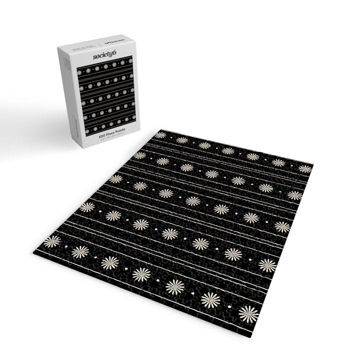 Minimalist Daisy Stripes Geometric Flowers and Stripe Pattern in Black and Almond Cream Jigsaw Puzzle Gallery Image 2