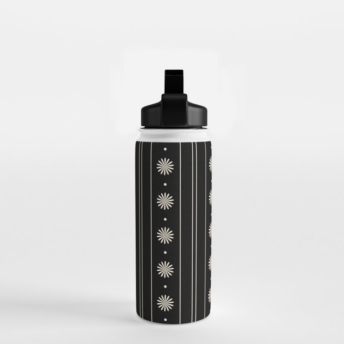 Minimalist Daisy Stripes Geometric Flowers and Stripe Pattern in Black and Almond Cream Water Bottle Gallery Image 2