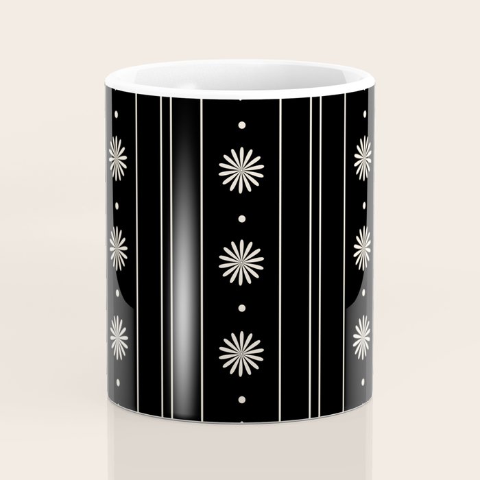 Minimalist Daisy Stripes Geometric Flowers and Stripe Pattern in Black and Almond Cream Coffee Mug Gallery Image 4
