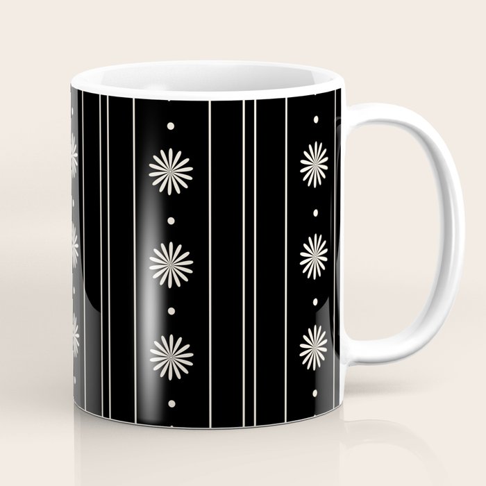 Minimalist Daisy Stripes Geometric Flowers and Stripe Pattern in Black and Almond Cream Coffee Mug Gallery Image 1