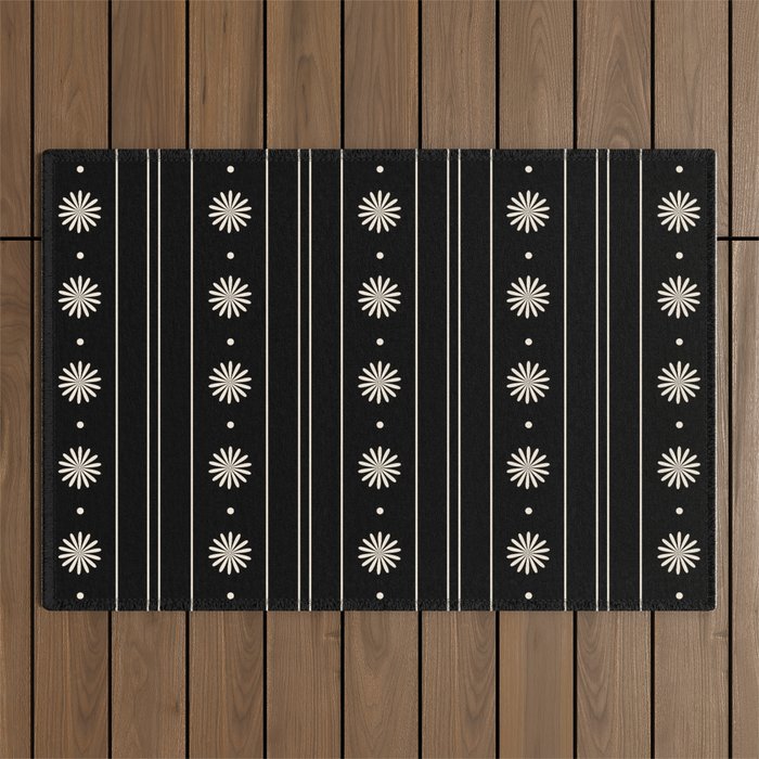 Minimalist Daisy Stripes Geometric Flowers and Stripe Pattern in Black and Almond Cream Outdoor Rug Gallery Image 1