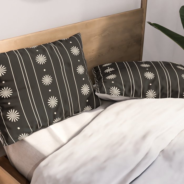 Minimalist Daisy Stripes Geometric Flowers and Stripe Pattern in Black and Almond Cream Pillow Sham Gallery Image 2