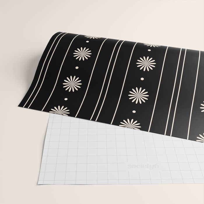 Minimalist Daisy Stripes Geometric Flowers and Stripe Pattern in Black and Almond Cream Wrapping Paper Gallery Image 2