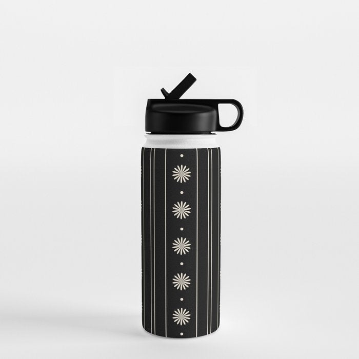 Minimalist Daisy Stripes Geometric Flowers and Stripe Pattern in Black and Almond Cream Water Bottle Gallery Image 1