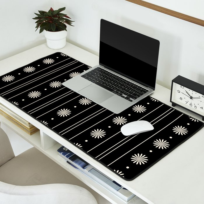 Minimalist Daisy Stripes Geometric Flowers and Stripe Pattern in Black and Almond Cream Desk Mat Gallery Image 2