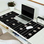 Minimalist Daisy Stripes Geometric Flowers and Stripe Pattern in Black and Almond Cream Desk Mat Gallery Image 2