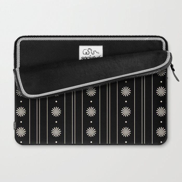 Minimalist Daisy Stripes Geometric Flowers and Stripe Pattern in Black and Almond Cream Laptop Sleeve Gallery Image 2