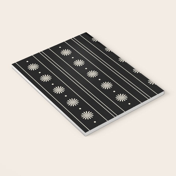 Minimalist Daisy Stripes Geometric Flowers and Stripe Pattern in Black and Almond Cream Notebook Gallery Image 3