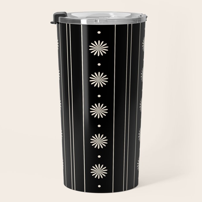 Minimalist Daisy Stripes Geometric Flowers and Stripe Pattern in Black and Almond Cream Travel Mug Gallery Image 3