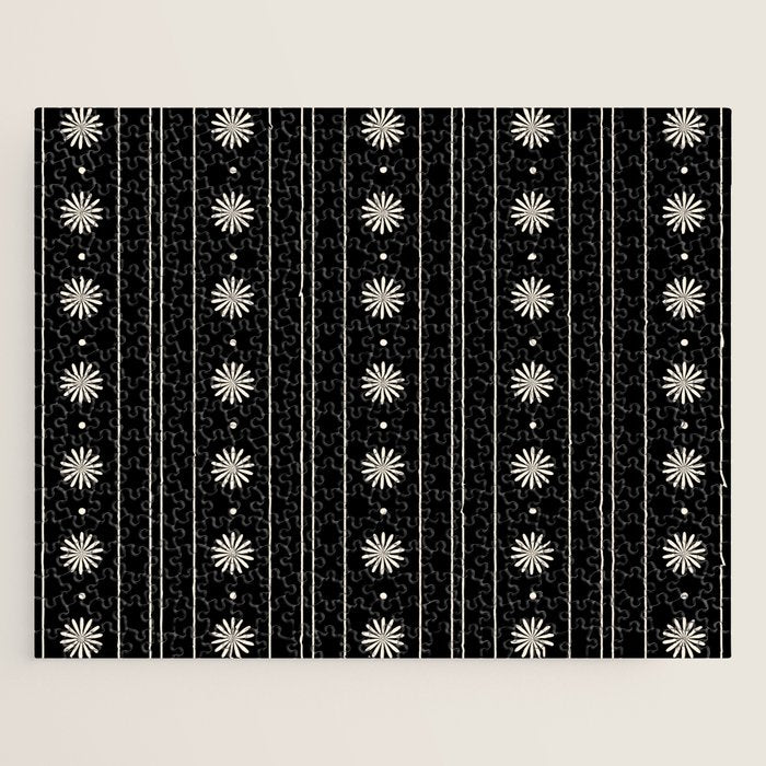 Minimalist Daisy Stripes Geometric Flowers and Stripe Pattern in Black and Almond Cream Jigsaw Puzzle Gallery Image 1