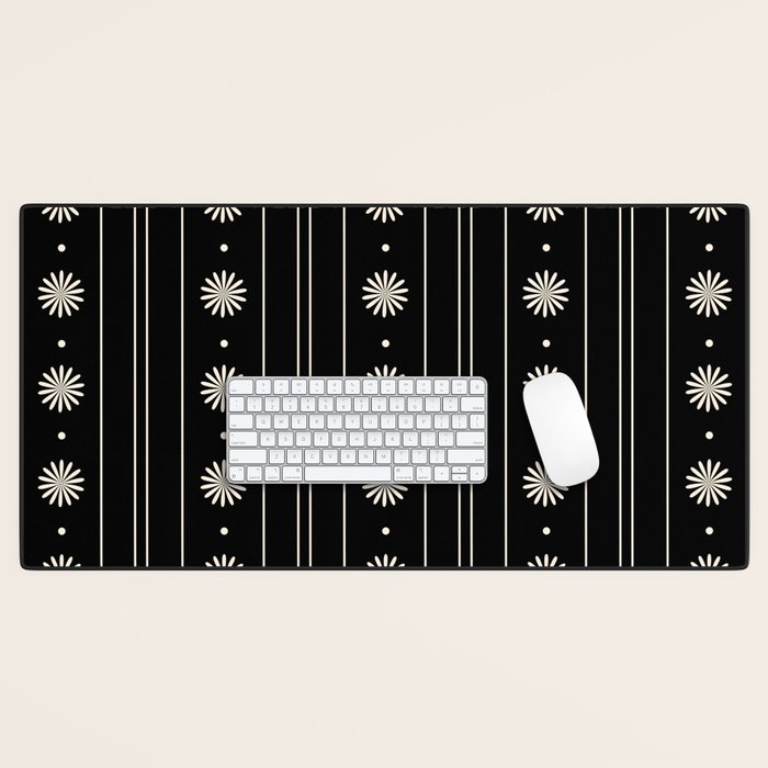 Minimalist Daisy Stripes Geometric Flowers and Stripe Pattern in Black and Almond Cream Desk Mat Gallery Image 1