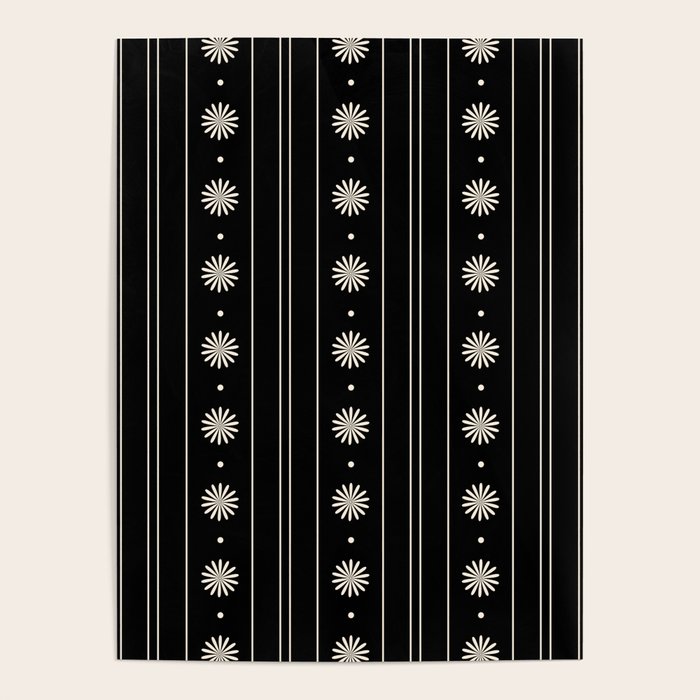 Minimalist Daisy Stripes Geometric Flowers and Stripe Pattern in Black and Almond Cream Poster Gallery Image 4