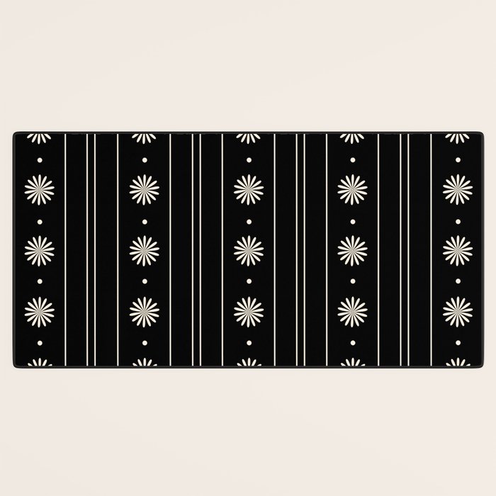 Minimalist Daisy Stripes Geometric Flowers and Stripe Pattern in Black and Almond Cream Desk Mat Gallery Image 3