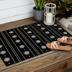 Minimalist Daisy Stripes Geometric Flowers and Stripe Pattern in Black and Almond Cream Outdoor Rug Gallery Image 2