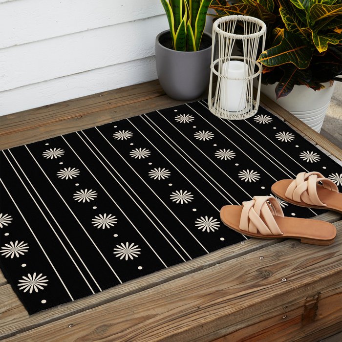 Minimalist Daisy Stripes Geometric Flowers and Stripe Pattern in Black and Almond Cream Outdoor Rug Gallery Image 2