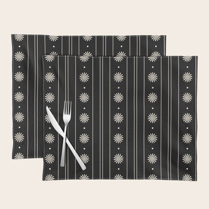 Minimalist Daisy Stripes Geometric Flowers and Stripe Pattern in Black and Almond Cream Placemat Gallery Image 1