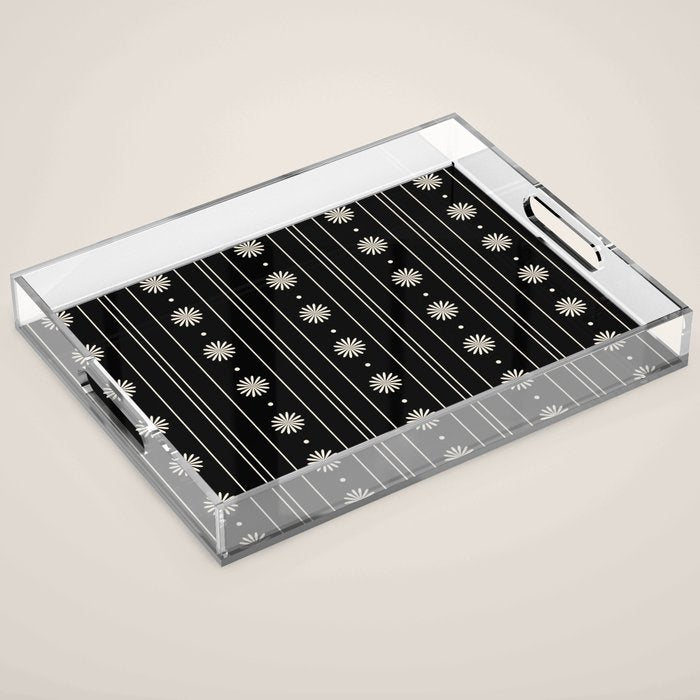 Minimalist Daisy Stripes Geometric Flowers and Stripe Pattern in Black and Almond Cream Acrylic Tray Gallery Image 1