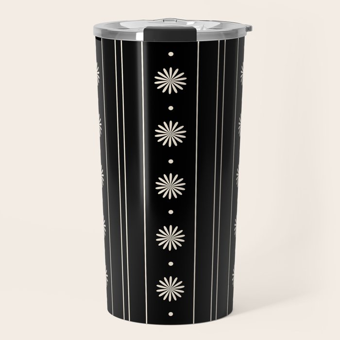 Minimalist Daisy Stripes Geometric Flowers and Stripe Pattern in Black and Almond Cream Travel Mug Gallery Image 1