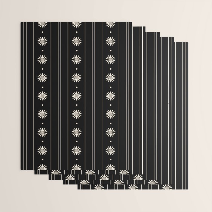 Minimalist Daisy Stripes Geometric Flowers and Stripe Pattern in Black and Almond Cream Wrapping Paper Gallery Image 3
