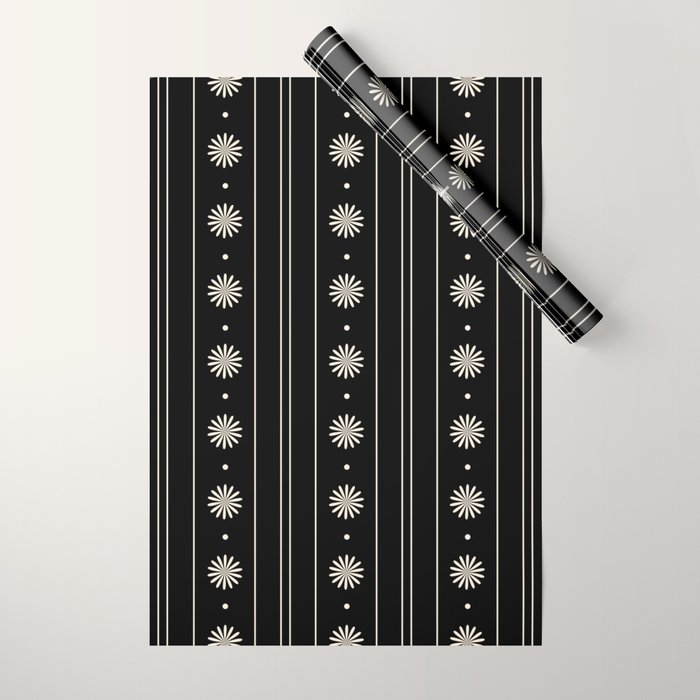 Minimalist Daisy Stripes Geometric Flowers and Stripe Pattern in Black and Almond Cream Wrapping Paper Gallery Image 1