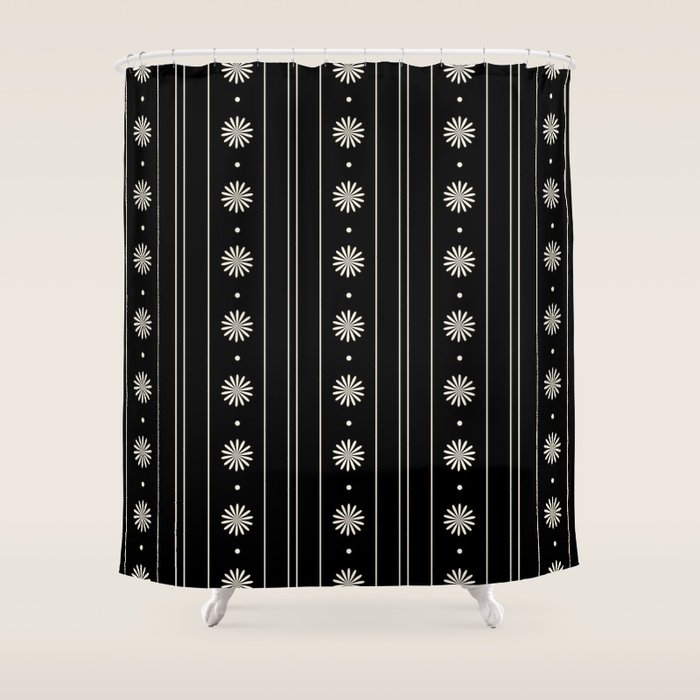 Minimalist Daisy Stripes Geometric Flowers and Stripe Pattern in Black and Almond Cream Shower Curtain Gallery Image 1