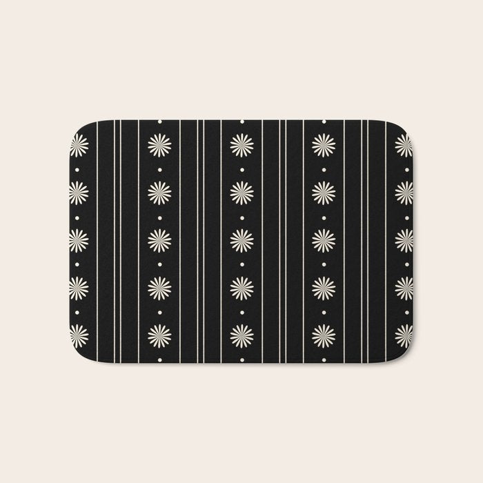 Minimalist Daisy Stripes Geometric Flowers and Stripe Pattern in Black and Almond Cream Bath Mat Gallery Image 1