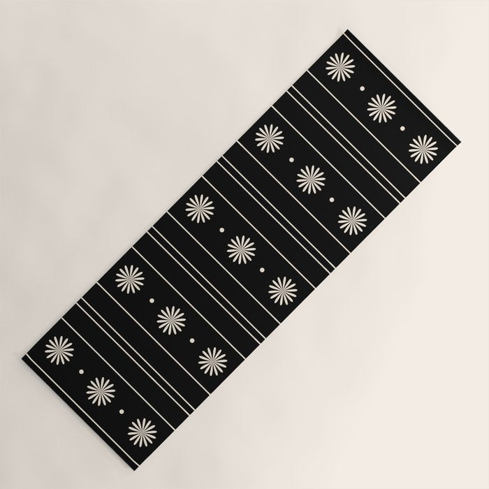 Minimalist Daisy Stripes Geometric Flowers and Stripe Pattern in Black and Almond Cream Yoga Mat Gallery Image 1