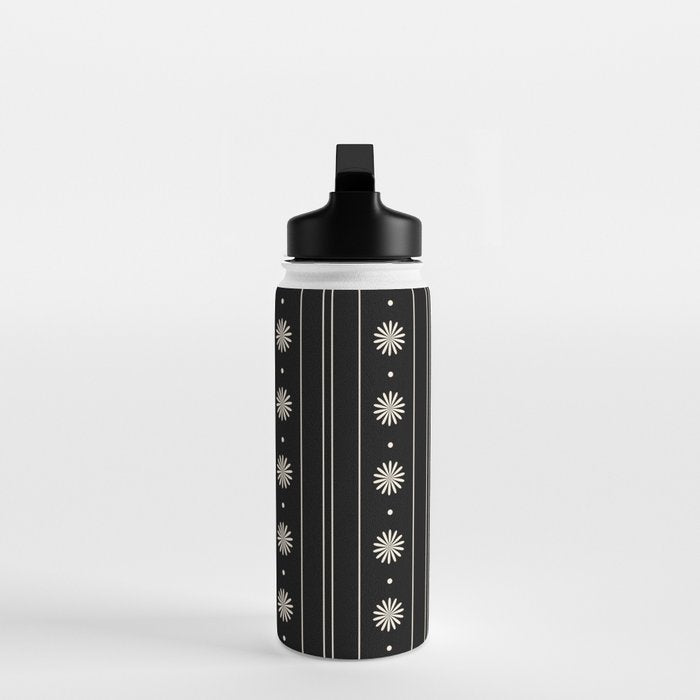 Minimalist Daisy Stripes Geometric Flowers and Stripe Pattern in Black and Almond Cream Water Bottle Gallery Image 3