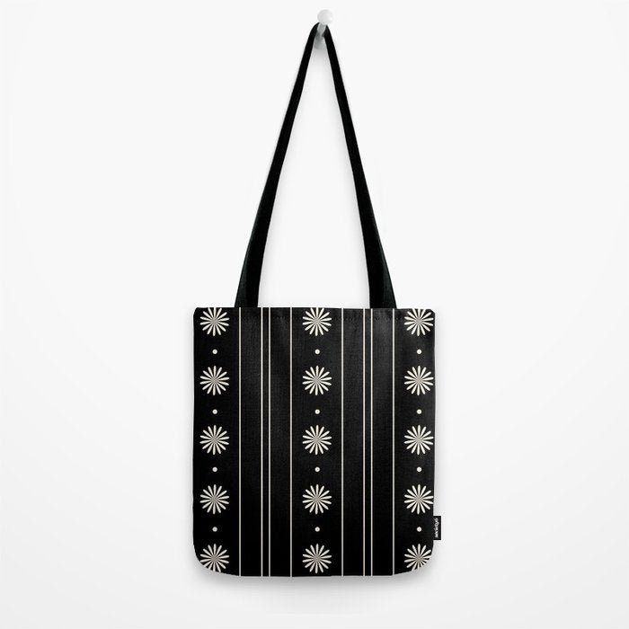 Minimalist Daisy Stripes Geometric Flowers and Stripe Pattern in Black and Almond Cream Tote Bag Gallery Image 2