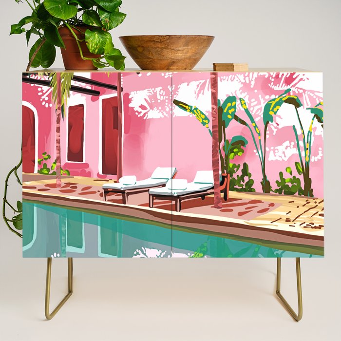Vacay Villa | Blush Pink Summer Architecture | Tropical Travel Building | Palm Bohemian Resort Credenza Gallery Image 1