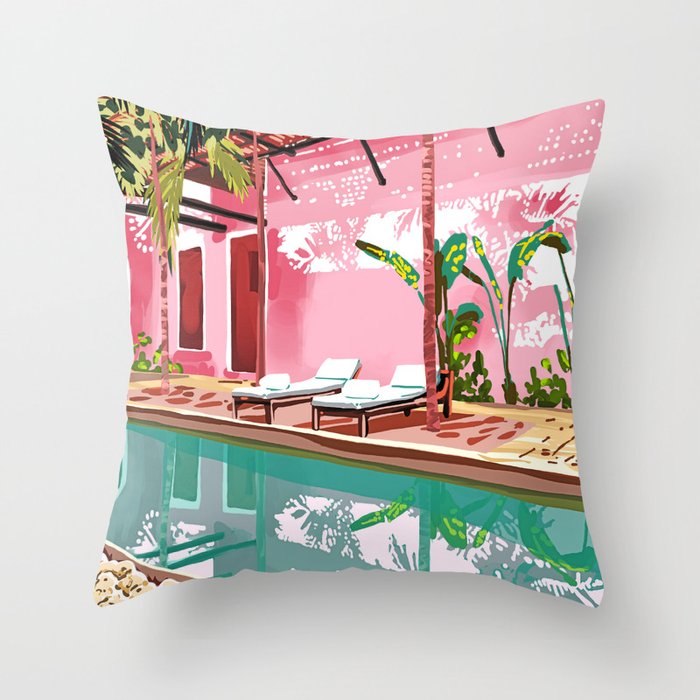 Vacay Villa | Blush Pink Summer Architecture | Tropical Travel Building | Palm Bohemian Resort Throw Pillow Gallery Image 1