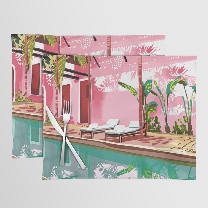 Vacay Villa | Blush Pink Summer Architecture | Tropical Travel Building | Palm Bohemian Resort Placemat Gallery Image 1