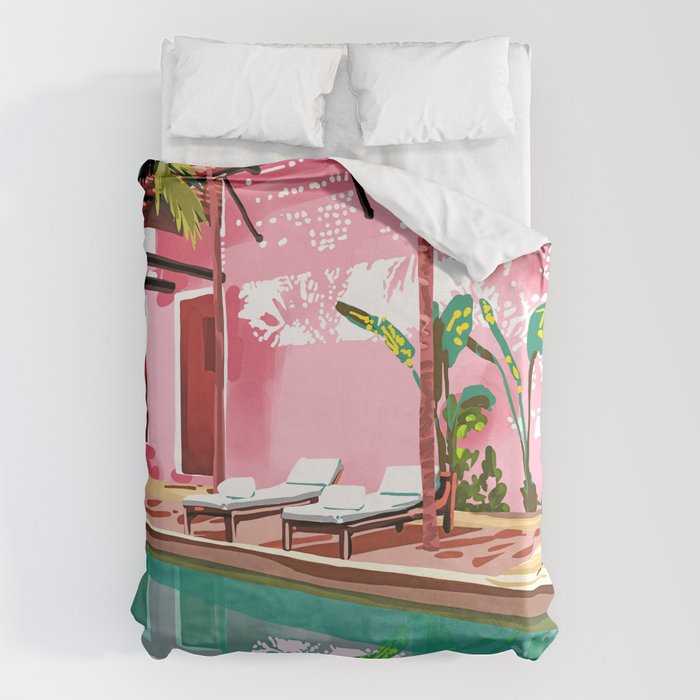Vacay Villa | Blush Pink Summer Architecture | Tropical Travel Building | Palm Bohemian Resort Duvet Cover Gallery Image 1