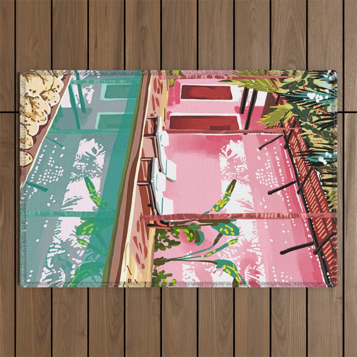 Vacay Villa | Blush Pink Summer Architecture | Tropical Travel Building | Palm Bohemian Resort Outdoor Rug Gallery Image 1