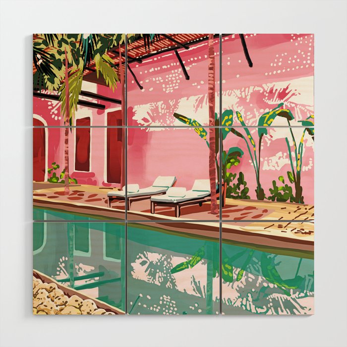 Vacay Villa | Blush Pink Summer Architecture | Tropical Travel Building | Palm Bohemian Resort Wood Wall Art Gallery Image 1