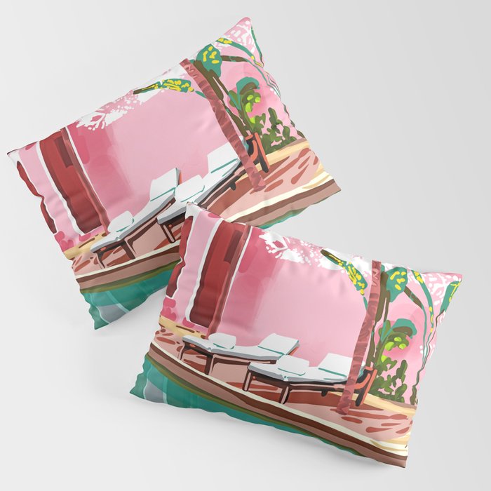 Vacay Villa | Blush Pink Summer Architecture | Tropical Travel Building | Palm Bohemian Resort Pillow Sham Gallery Image 3
