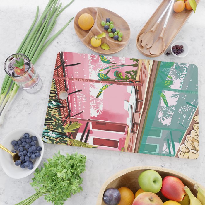 Vacay Villa | Blush Pink Summer Architecture | Tropical Travel Building | Palm Bohemian Resort Cutting Board Gallery Image 2