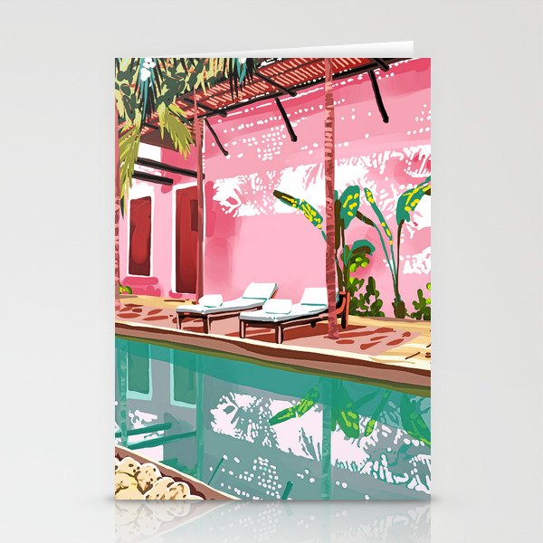 Vacay Villa | Blush Pink Summer Architecture | Tropical Travel Building | Palm Bohemian Resort Stationery Card Gallery Image 2