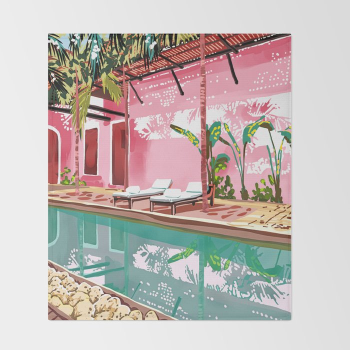 Vacay Villa | Blush Pink Summer Architecture | Tropical Travel Building | Palm Bohemian Resort Throw Blanket Gallery Image 2